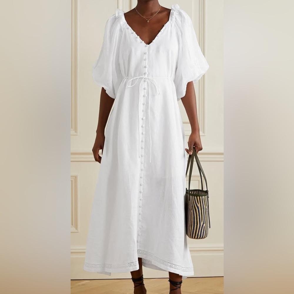 Joslin Gabriella Lace-Trimmed Linen Midi Dress